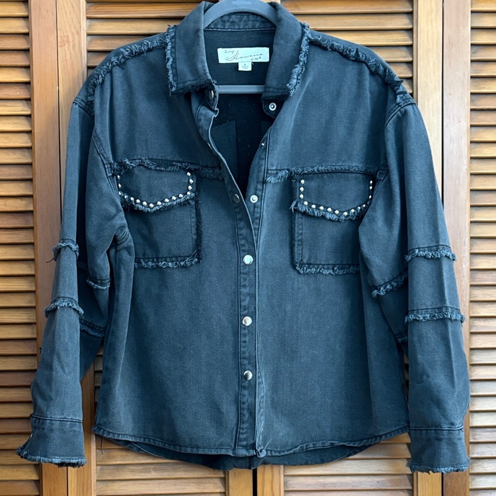Vintage Black Denim Jacket with Stud Accents